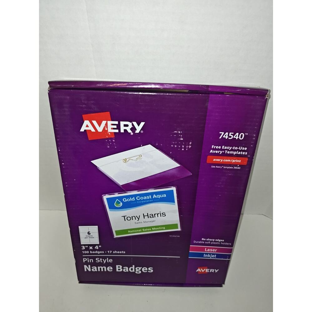 Avery 100 Customizable Name Badges With Pin 3x4" White Laser Inkjet Printable